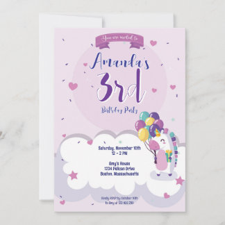 Girly Unicorn Themed Birthday Invitation