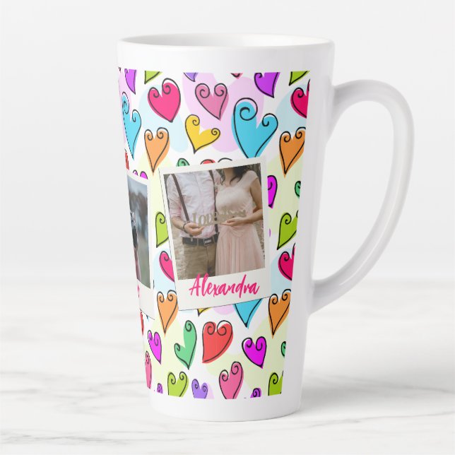 Girly Vibrant Hearts Cute Romantic Valentine Photo Latte Mug (Right)