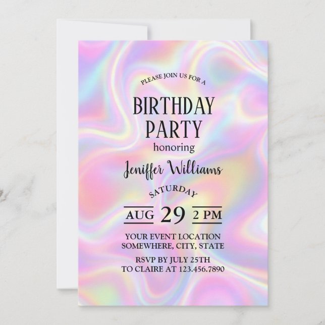 Girly Vibrant Pastel Holographic Swirl Design      Invitation (Front)