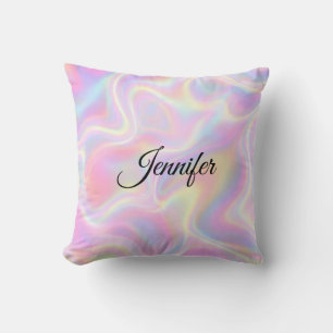 Girly Vibrant Pastel Holographic Swirl Design Throw Pillow