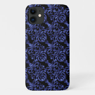 Girly Victorian Blue Glittery Damask Pattern iPhone 11 Case