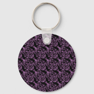 Girly Victorian Purple Glittery Damask Pattern Keychain
