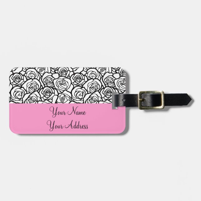 Girly Vintage black and white roses Luggage Tag (Front Horizontal)