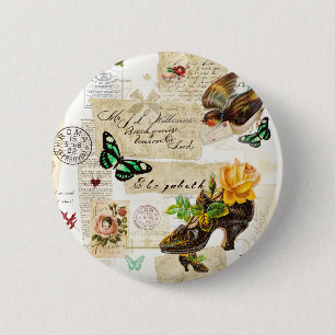Girly Vintage Ephemera Fashion Collage With Name 2 Inch Round Button