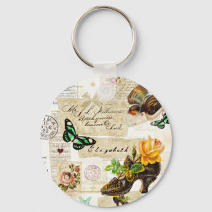 Girly Vintage Ephemera Fashion Collage With Name Keychain