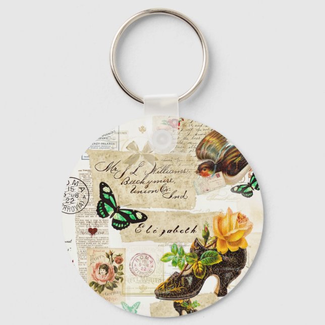 Girly Vintage Ephemera Fashion Collage With Name Keychain (Front)