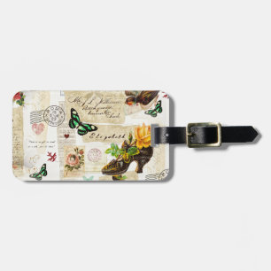Girly Vintage Ephemera Fashion Collage With Name Luggage Tag