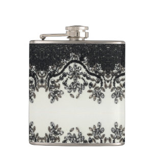 Girly vintage glamour black white Floral Pattern  Hip Flask