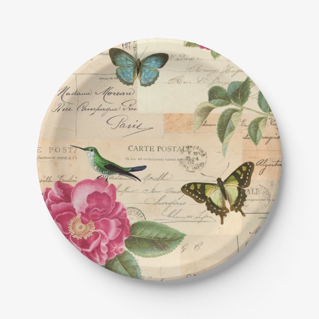 Girly vintage paper plates w/ birds & butterflies (Front)