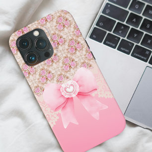 Girly Vintage Pink Rose Floral Ribbon And Lace  iPhone 13 Pro Case