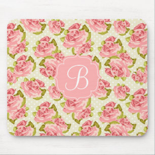 Girly Vintage Pink Roses Monogrammed Mouse Pad