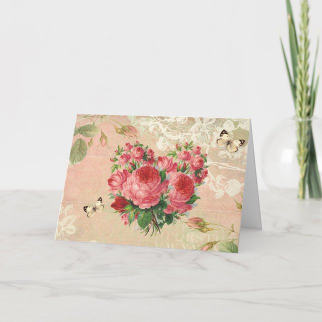 Girly Vintage Rose Heart Collage Card (Front)
