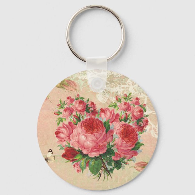 Girly Vintage Rose Heart Collage Keychain (Front)