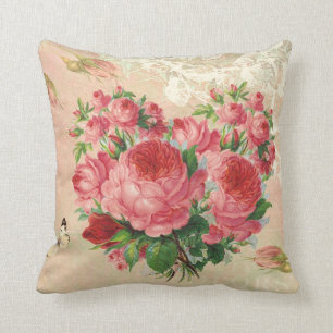 Girly Vintage Rose Heart Collage Throw Pillow