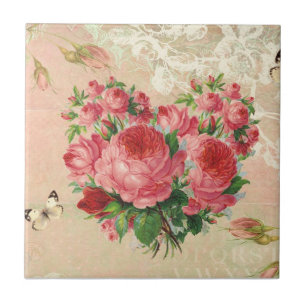 Girly Vintage Rose Heart Collage Tile