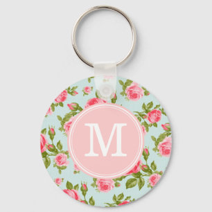 Girly Vintage Roses Floral Monogram Keychain
