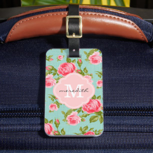 Girly Vintage Roses Floral Monogram Luggage Tag