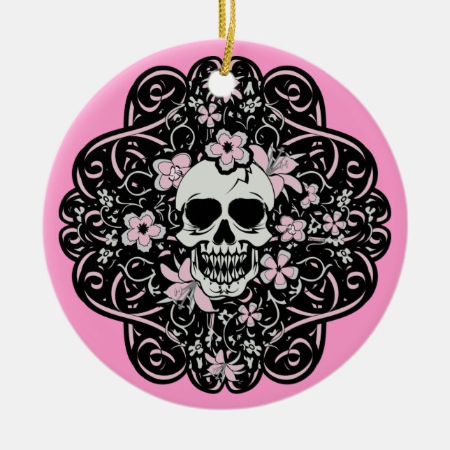 Girly Vintage Skull Ceramic Ornament (Front)