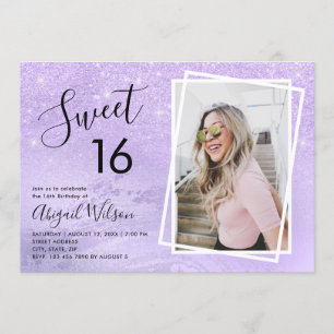 Girly violet glitter sweet sixteen birthday party invitation