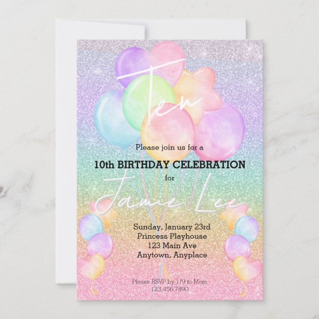 Girly Watercolor Balloon Birthday Party Invitation (Front)