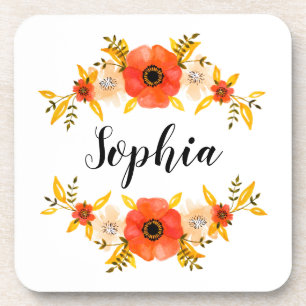 Girly Watercolor Coral Floral Wreath Custom Text Coaster