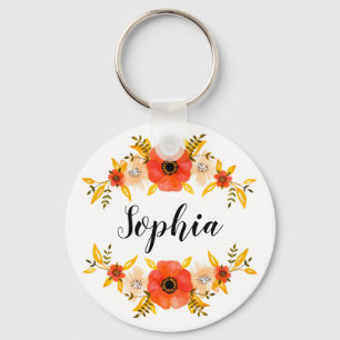Girly Watercolor Coral Floral Wreath Custom Text Keychain