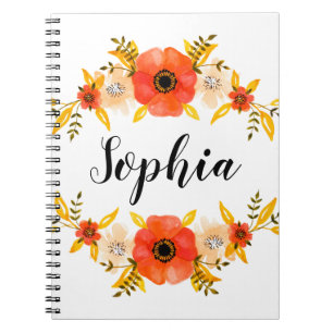 Girly Watercolor Coral Floral Wreath Custom Text Notebook