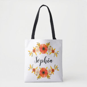 Girly Watercolor Coral Floral Wreath Custom Text Tote Bag