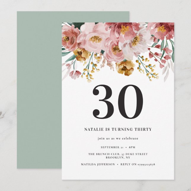 Girly watercolor floral 30th birthday pink chic (Front/Back)