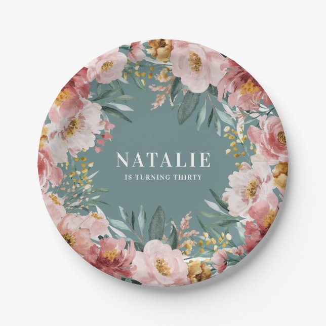 Girly watercolor floral birthday pink chic paper plate (Front)