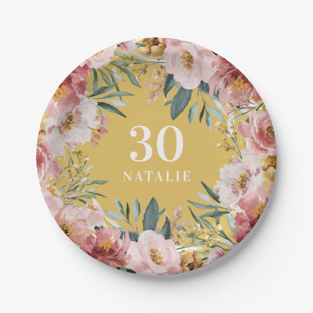 Girly watercolor floral birthday pink chic paper plate (Front)