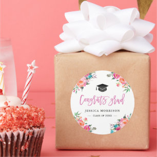Girly Watercolor Floral Congrats Graduation Favour Classic Round Sticker