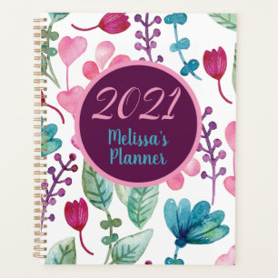 Girly Watercolor Floral Pattern Personalize Script Planner