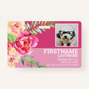 Girly Watercolor Flower Employee Photo ID pink Badge