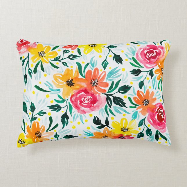 Girly Watercolor Flowers Pattern Decorative Pillow (Front)