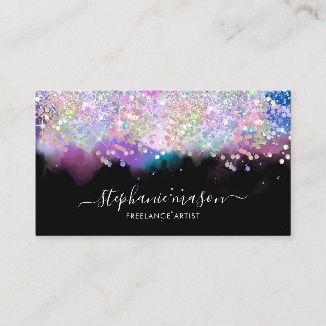 Girly Watercolor Holographic Glitter Black Calling Card (Front)