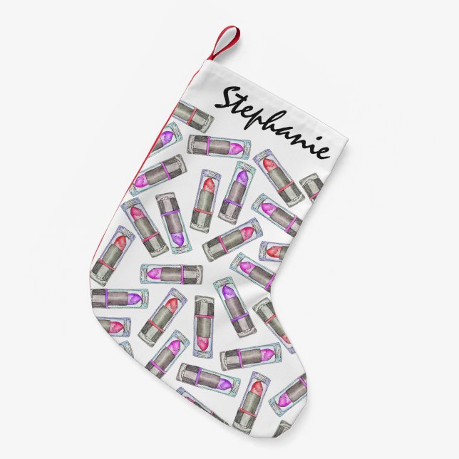 Girly Watercolor Lipstick Makeup on White Small Christmas Stocking (Front (Hanging))