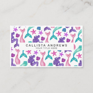 Girly Watercolor Mermaids Tales Seashells Pattern Business Card