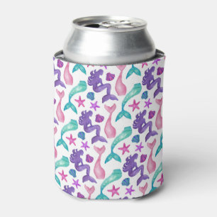 Girly Watercolor Mermaids Tales Seashells Pattern Can Cooler