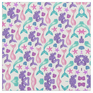 Girly Watercolor Mermaids Tales Seashells Pattern Fabric