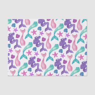 Girly Watercolor Mermaids Tales Seashells Pattern Tissue Paper
