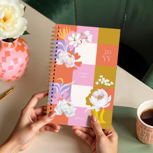Girly Watercolor Peony Florals Retro Chequered Planner