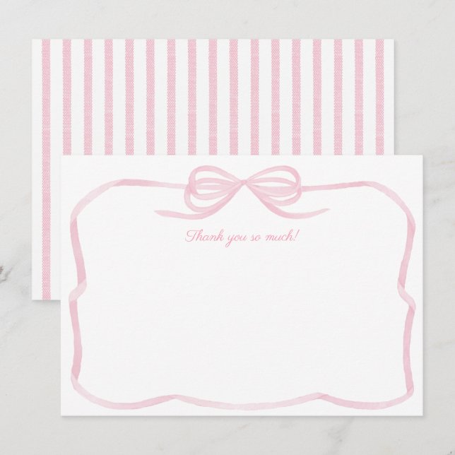 Girly Watercolor Pink Bow Bridal Shower Thank You Card (Front/Back)