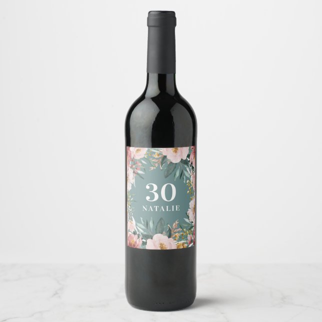 Girly watercolor pink floral birthday chic wine label (Front)