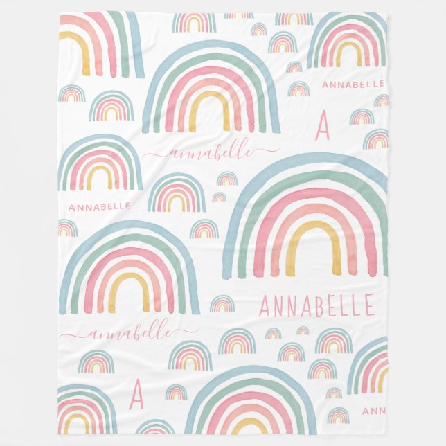Girly watercolor pink rainbow personalized fleece blanket (Front)