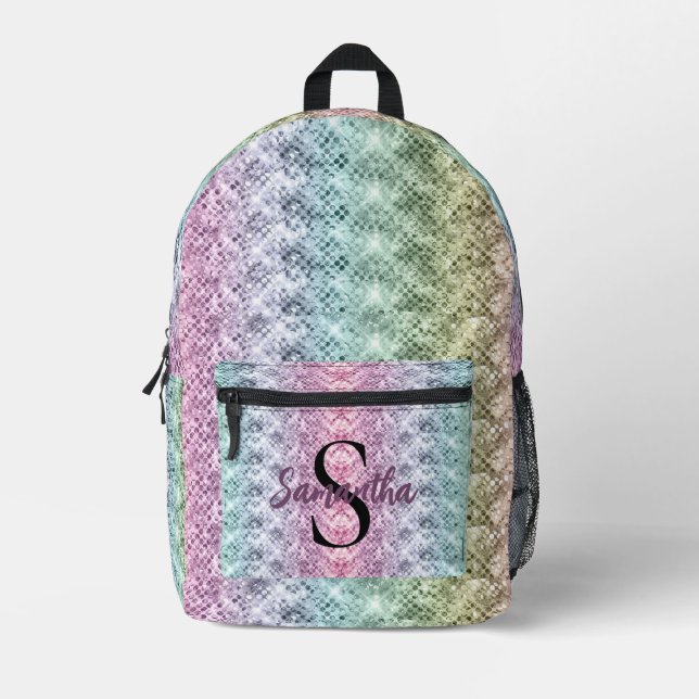 Girly Watercolor Rainbow Pattern Monogram Printed Backpack (Front)