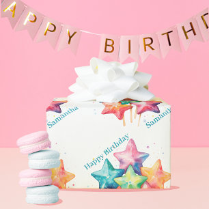 Girly Watercolor rainbow stars Birthday Wrapping Paper