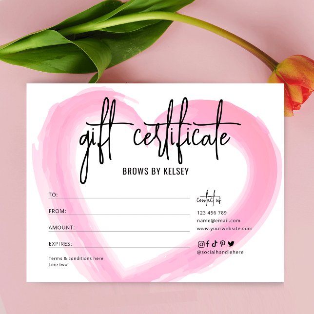 Girly Watercolor Salon Spa Valentines Gift Voucher Card (Girly watercolor heart gift certificate design - great for Valentine's Day or Anniversaries)