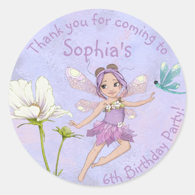 Girly Whimsical Purple Dragonfly Thank You Classic Round Sticker (Front)