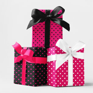 Girly White Black and Hot Pink Polka Dot Mix Wrapping Paper Sheet